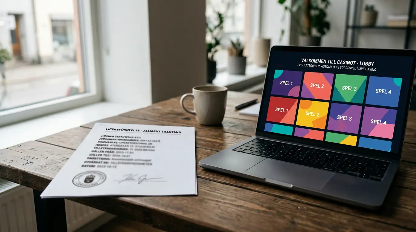 Casino utan spelpaus 2026 licensdokument och laptop med casinolobby